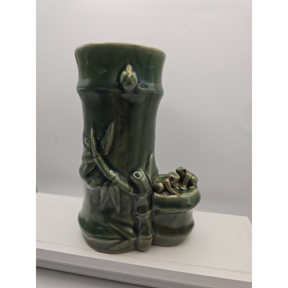 Vintage 3-D Green Bamboo Tree Frog Pottery Vase 7.5" Tall